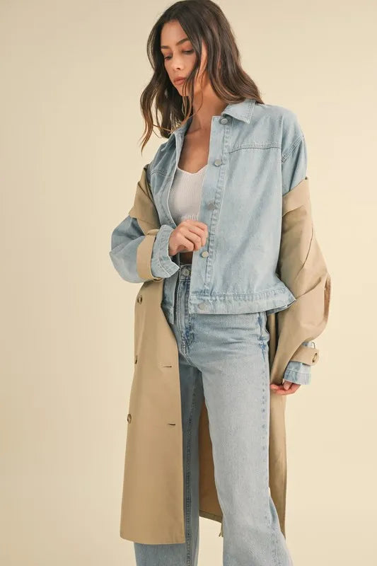 MABLE Layered Look Trench Coat With Denim Jacket | Daverri Fashions