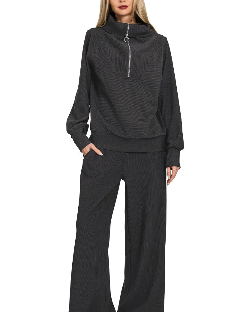 BLACK Zenana Ribbed High Neck Half Zip Pullover & Pants Set | Loungewear Sets Daverri Fashions