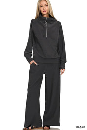 BLACK Zenana Ribbed High Neck Half Zip Pullover & Pants Set | Loungewear Sets Daverri Fashions