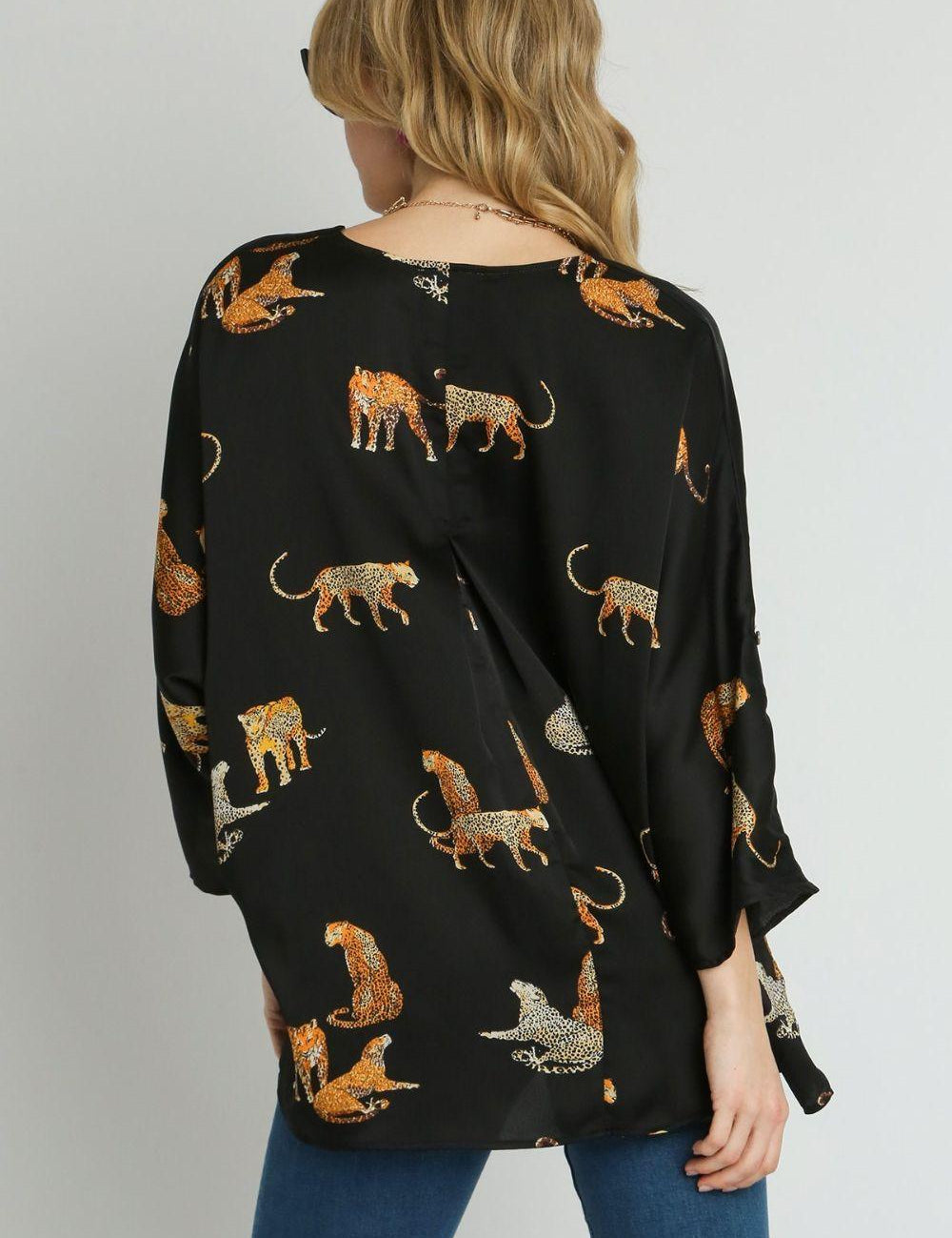 Umgee Full Size High-Low Satin Animal Print V-Neck Blouse Plus Size | Blouses Daverri Fashions