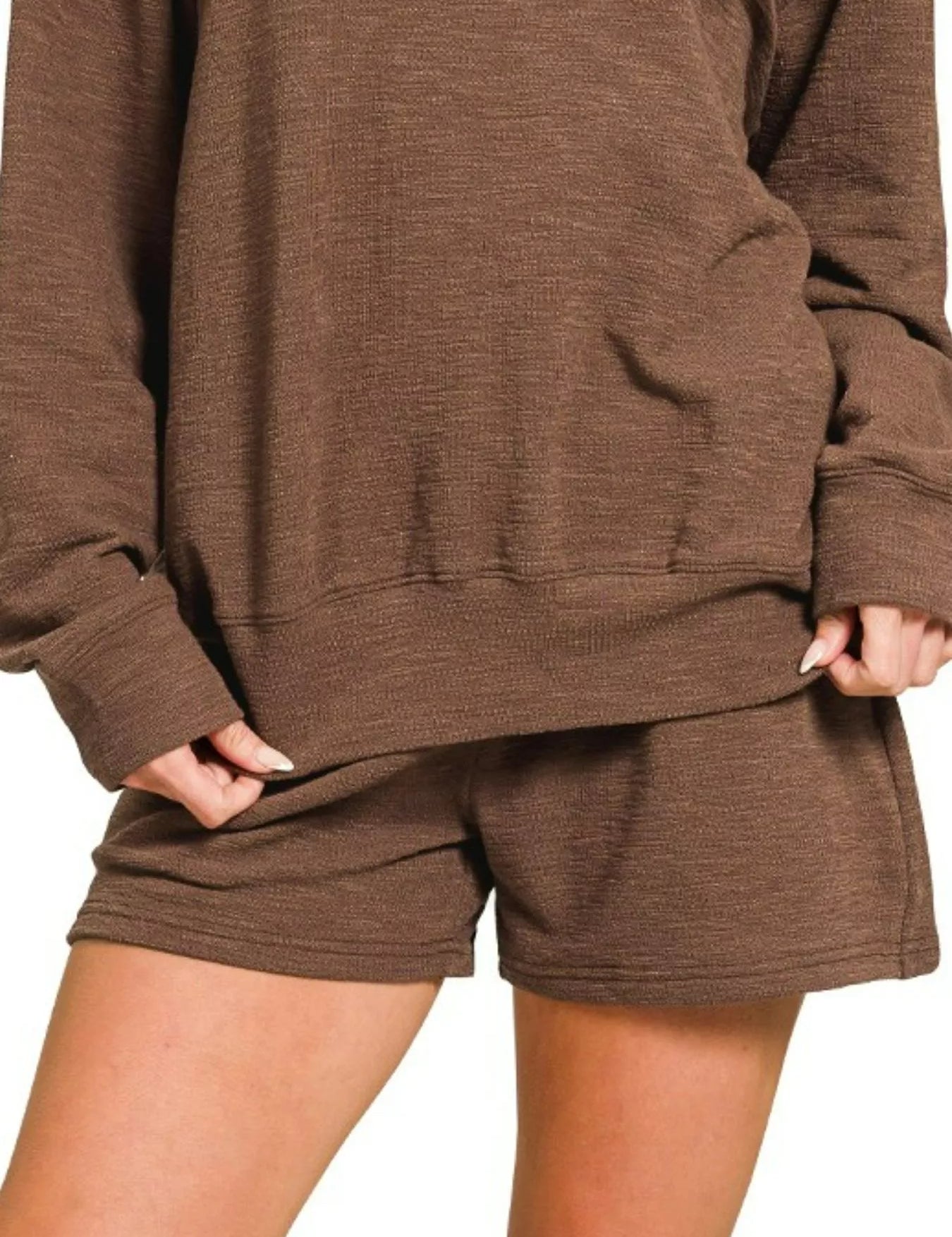 Zenana Slub Long Sleeve Top and Shorts Set | Loungewear Sets Daverri Fashions