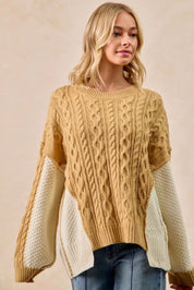 BiBi Cable Knit With Hacci Combo Sweater With Uneven Hem Detail | Sweaters Daverri Fashions