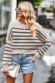Striped Round Neck Drop Shoulder Slit Sweater | Sweaters Daverri Fashions