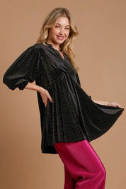 Umgee Full Size Beaded Frill Flounce Sleeve Velvet Babydoll Blouse | Blouses Daverri Fashions