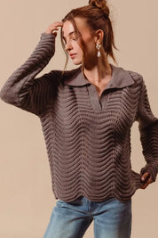 SO ME Notched Collar Wavy Texture Sweater Top | Sweaters Daverri Fashions