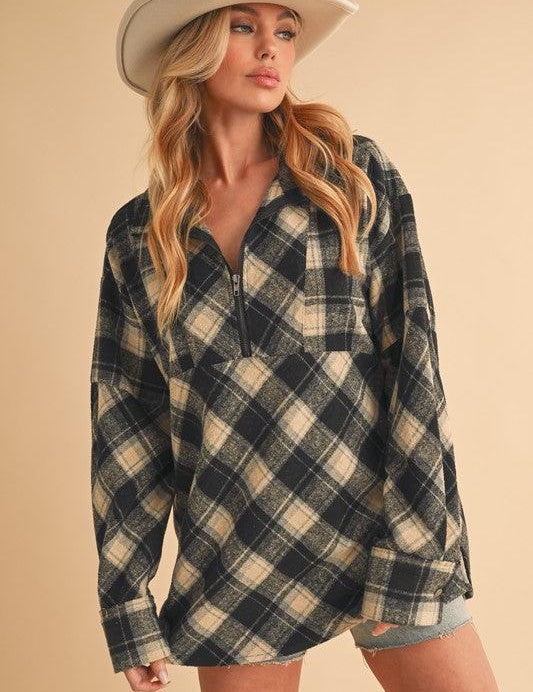 Black Aemi + Co Slit Plaid Half Zip Drop Shoulder Top | Tops Daverri Fashions