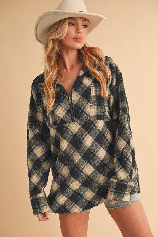 Black Aemi + Co Slit Plaid Half Zip Drop Shoulder Top | Tops Daverri Fashions