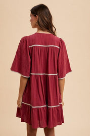 Annie Wear Tassel Contrast Trim Tie Neck Half Sleeve Tiered Dress | Midi Dresses Daverri Fashions