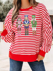 Stripe Christmas Nutcracker Sequin Patched Drop Shoulder Top | Tops Daverri Fashions