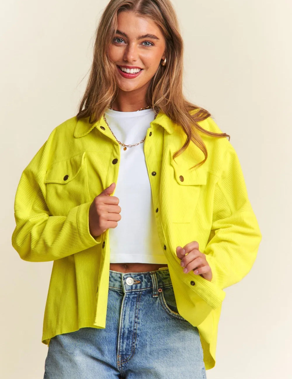 Chartreuse J.NNA Snap Down Long Sleeve High Low Shacket | Shackets Daverri Fashions