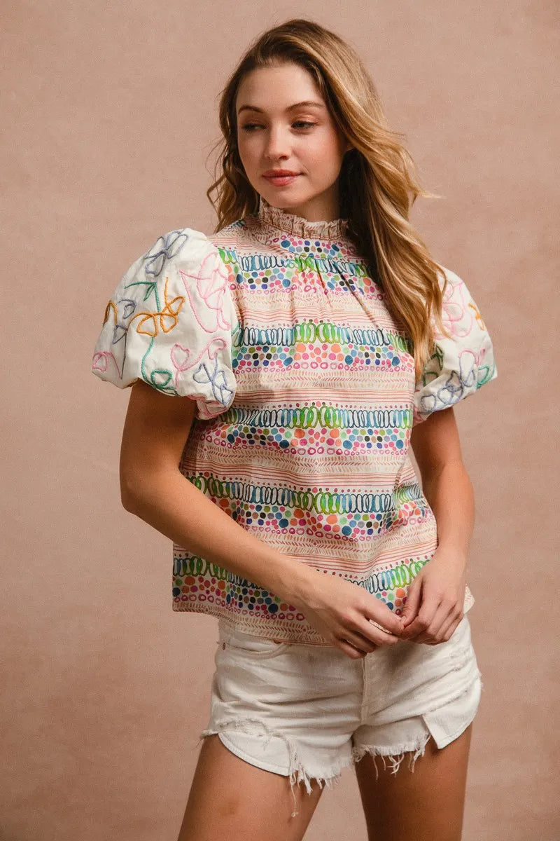 BiBi Ruffle Neckline Blouse With Embroidery Bubble Sleeve | Daverri Fashions