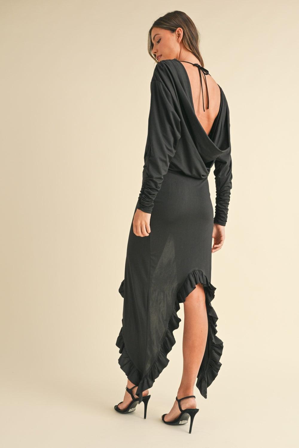 Mable Backless Asymmetric Ruffle Hem Dress | Daverri Fashions