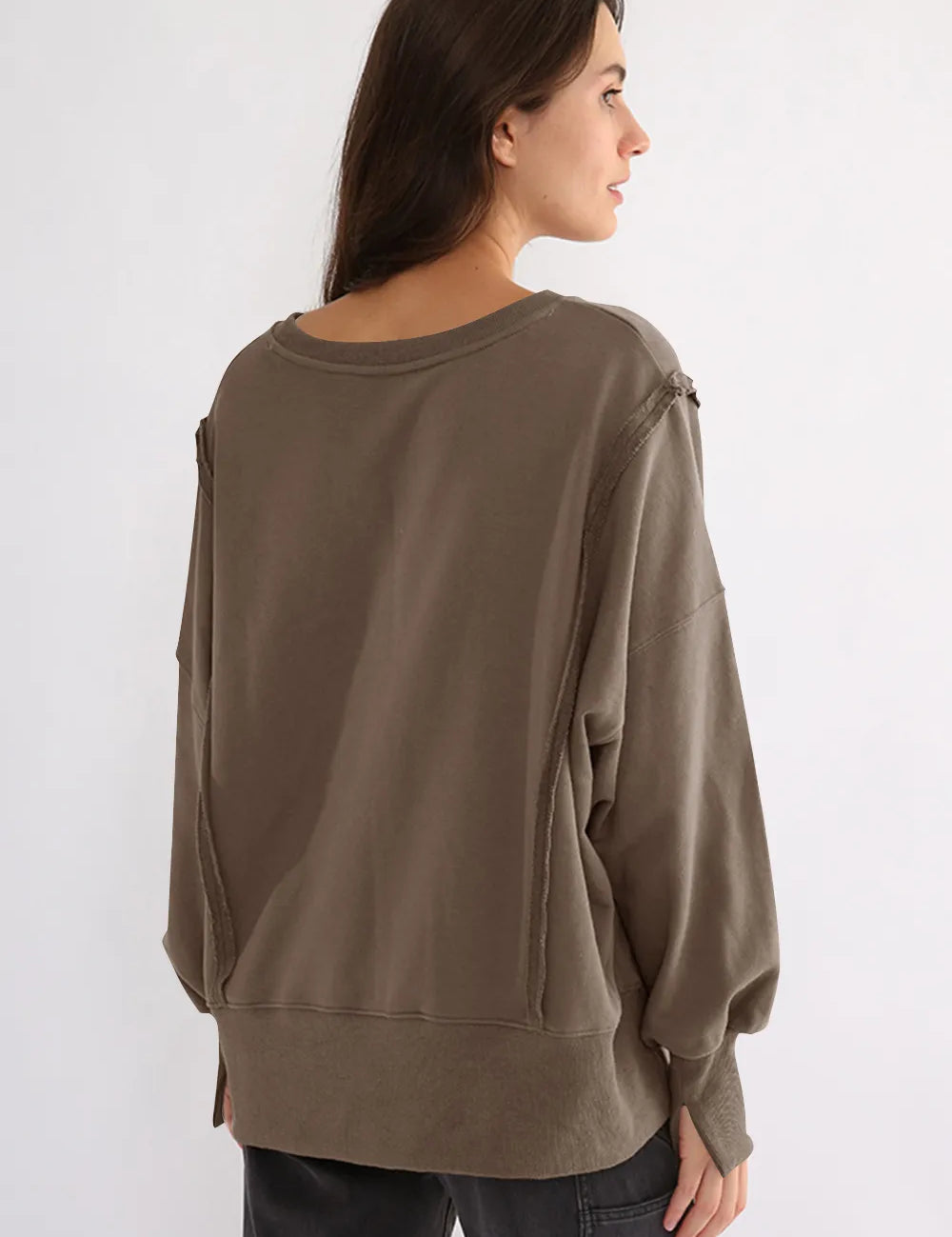 Exposed Seam High-Low Long Sleeve Sweatshirt | Daverri Fashions