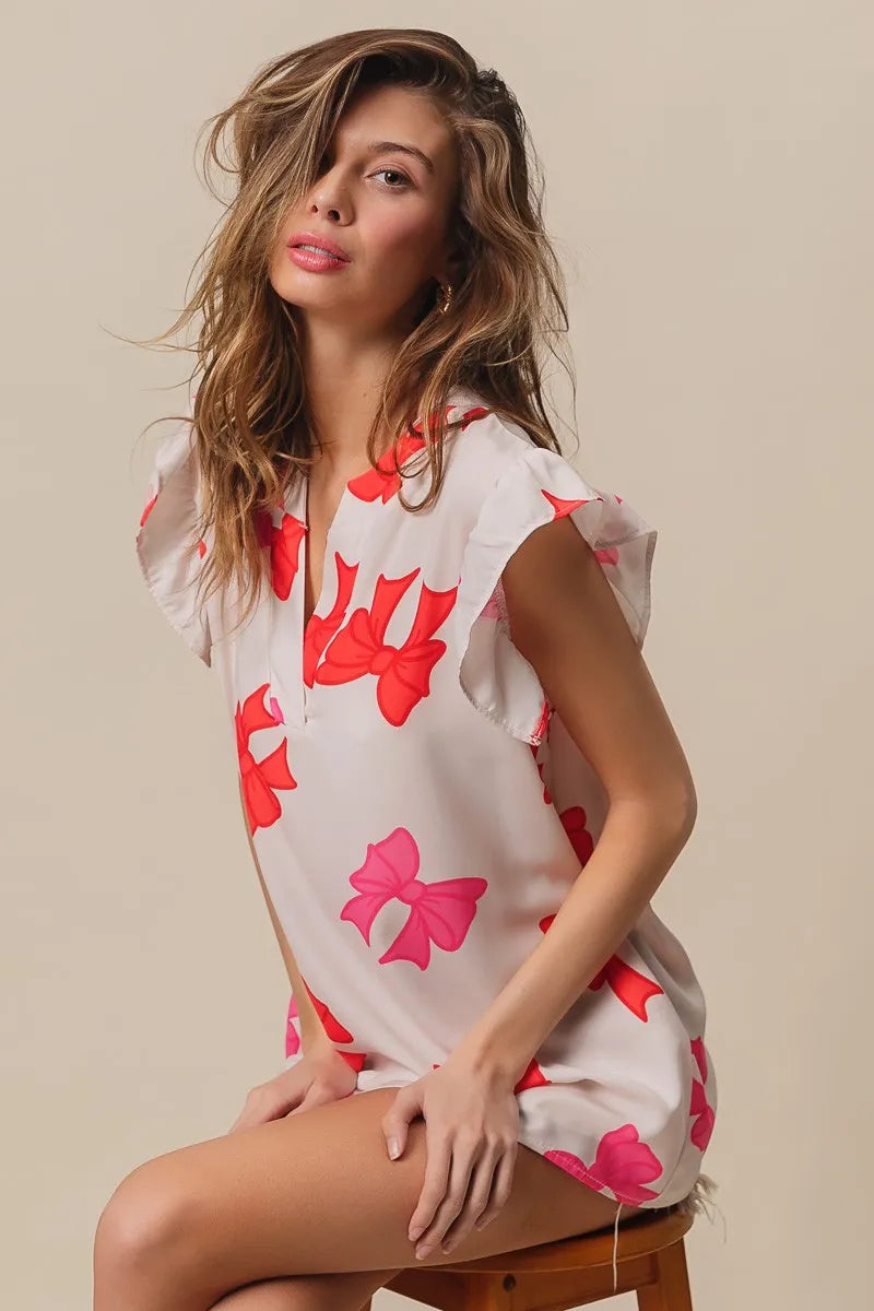 BiBi Bow Printed Woven Ruffled Sleeves V Neck Top | Tops Daverri Fashions