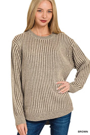BROWN Zenana Curved Hem Two-Tone Ribbed Sweater | Sweaters Daverri Fashions