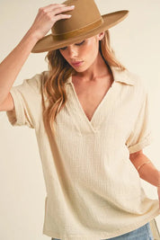 Oatmeal Aemi + Co Side Slit Johnny Collar Short Sleeve Cotton Gauze Blouse | Daverri Fashions