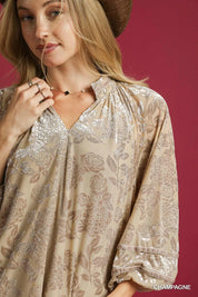 Umgee Floral Velvet Blouse with Balloon Sleeves | Blouses Daverri Fashions