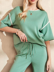 Contrast Trim T-Shirt and Drawstring Pants Set | Loungewear Sets Daverri Fashions
