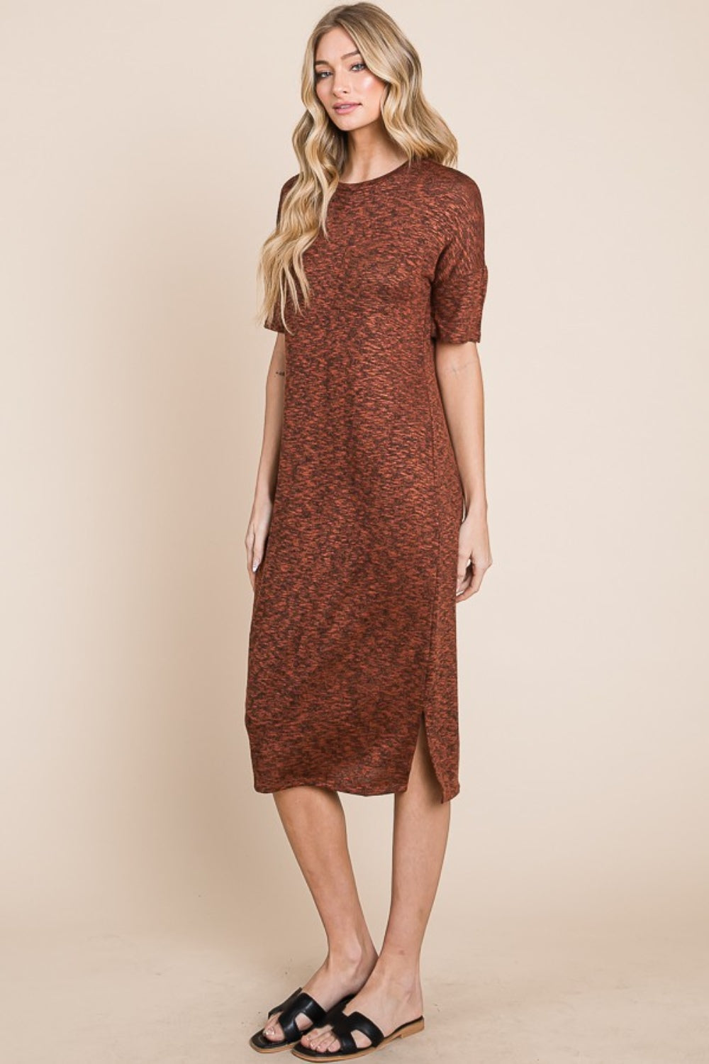 BOMBOM Round Neck Side Slit Midi Dress | Daverri Fashions