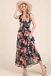 Lime 'N' Chili Floral Print Sleeveless Tie Waist Maxi Dress | Daverri Fashions
