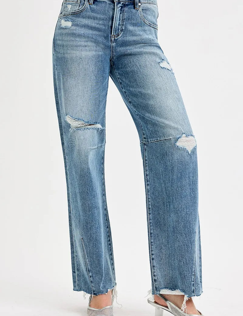RISEN Full Size Mid Rise Fit Wide Baggy Leg Tie Washed Jeans Plus Size | Jeans Daverri Fashions