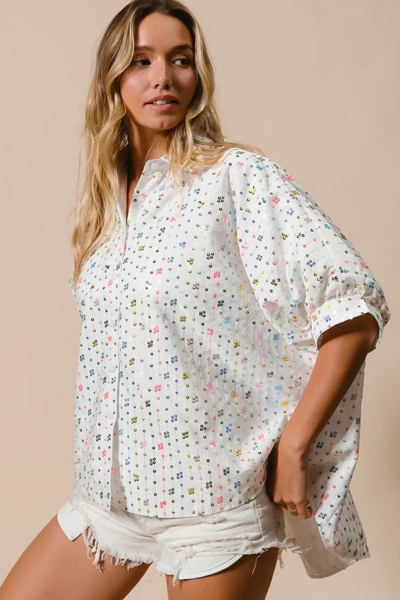 BiBi Sequin Striped Short Dolman Sleeve Blouse | Daverri Fashions