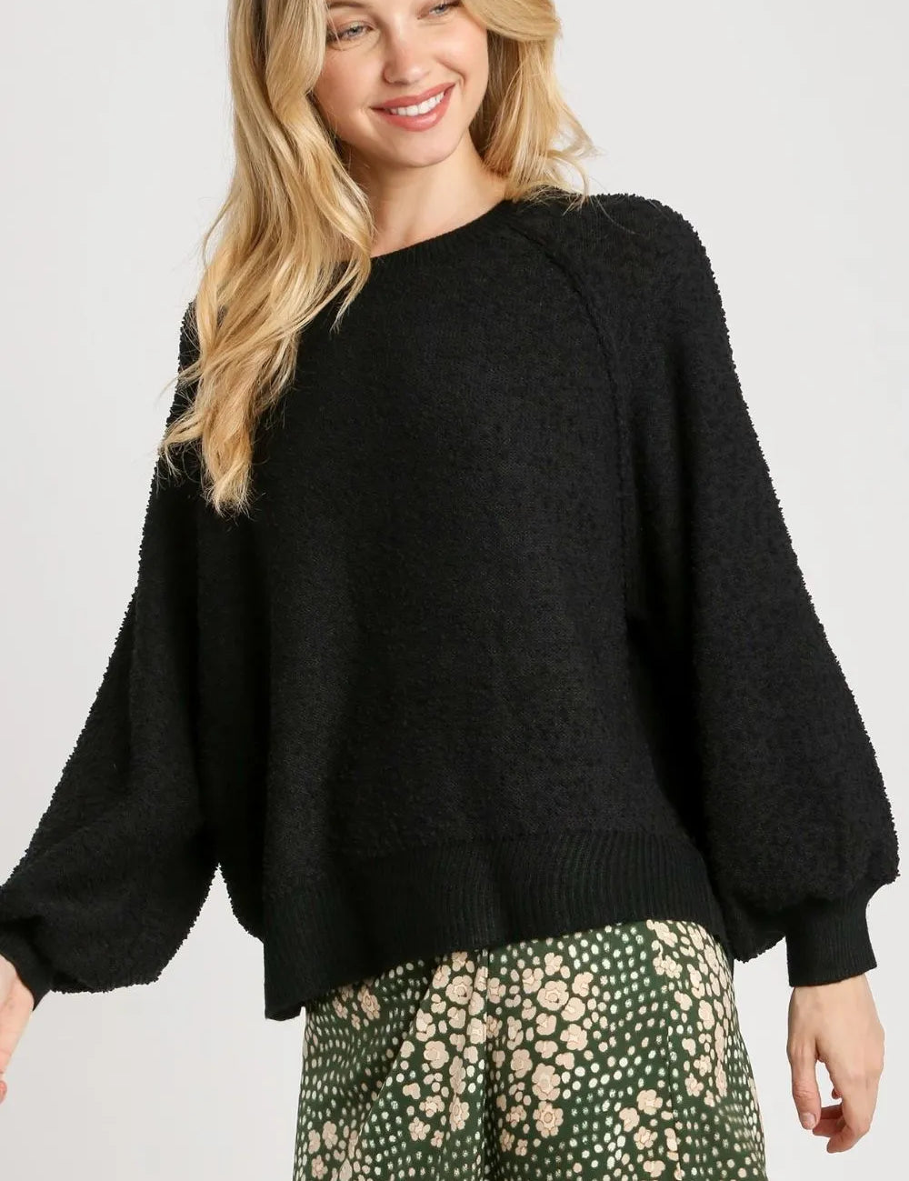 Black Umgee Full Size Round Neck Long Sleeve Sweater Plus Size | Sweaters Daverri Fashions