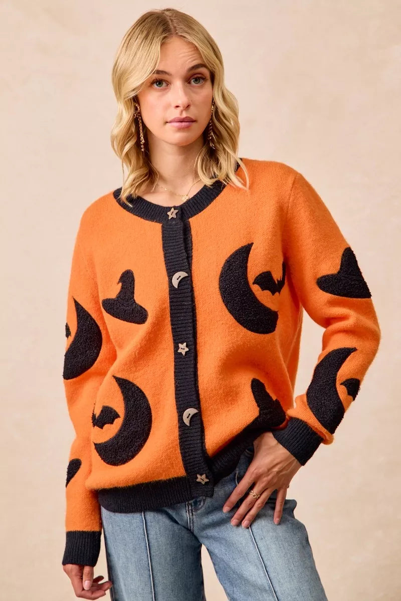 ORANGE BLACK BiBi Halloween Witch Hat Moon Bat Artwork Cardigan | Cardigans Daverri Fashions