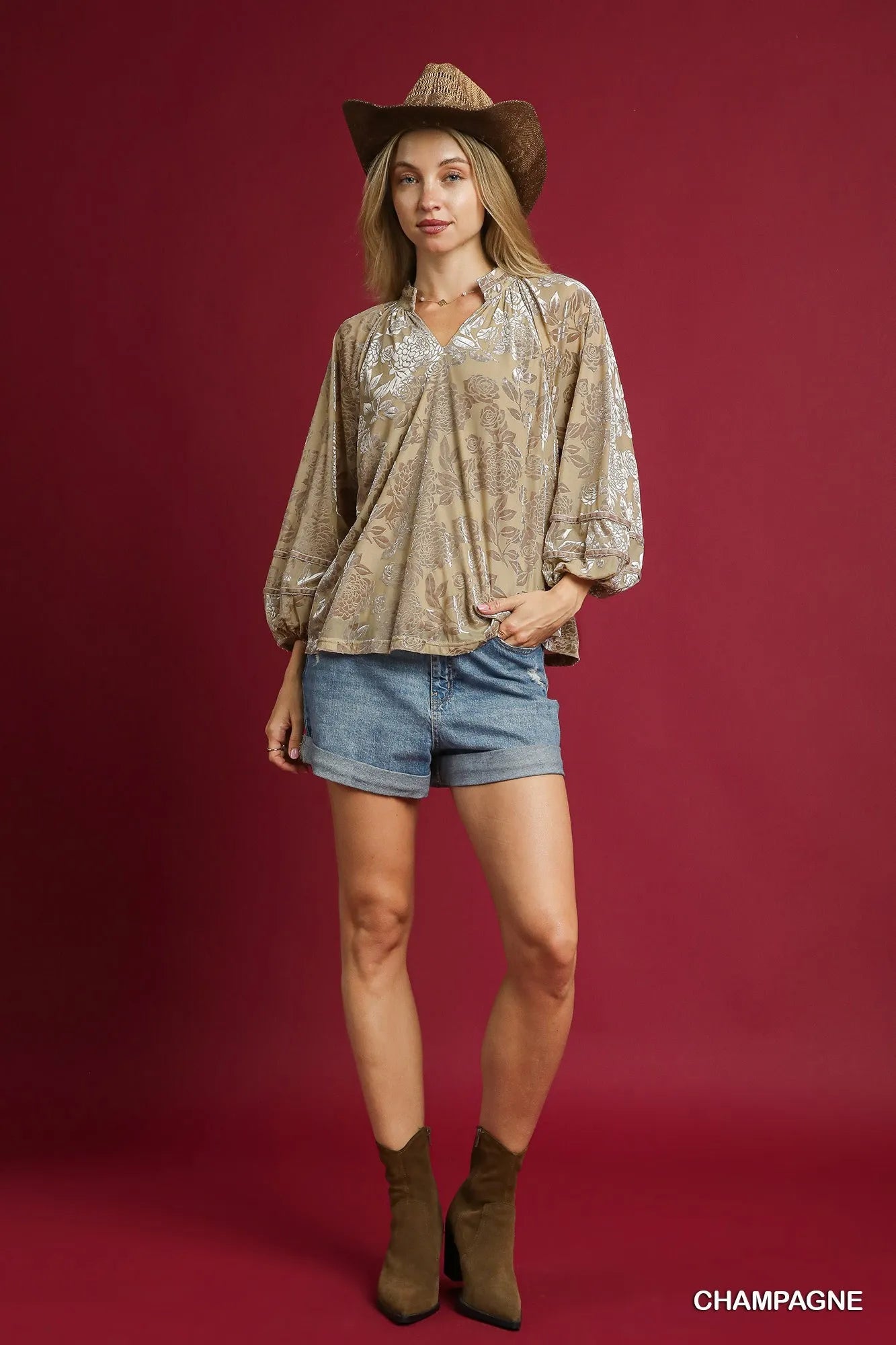 Umgee Floral Velvet Blouse with Balloon Sleeves | Blouses Daverri Fashions