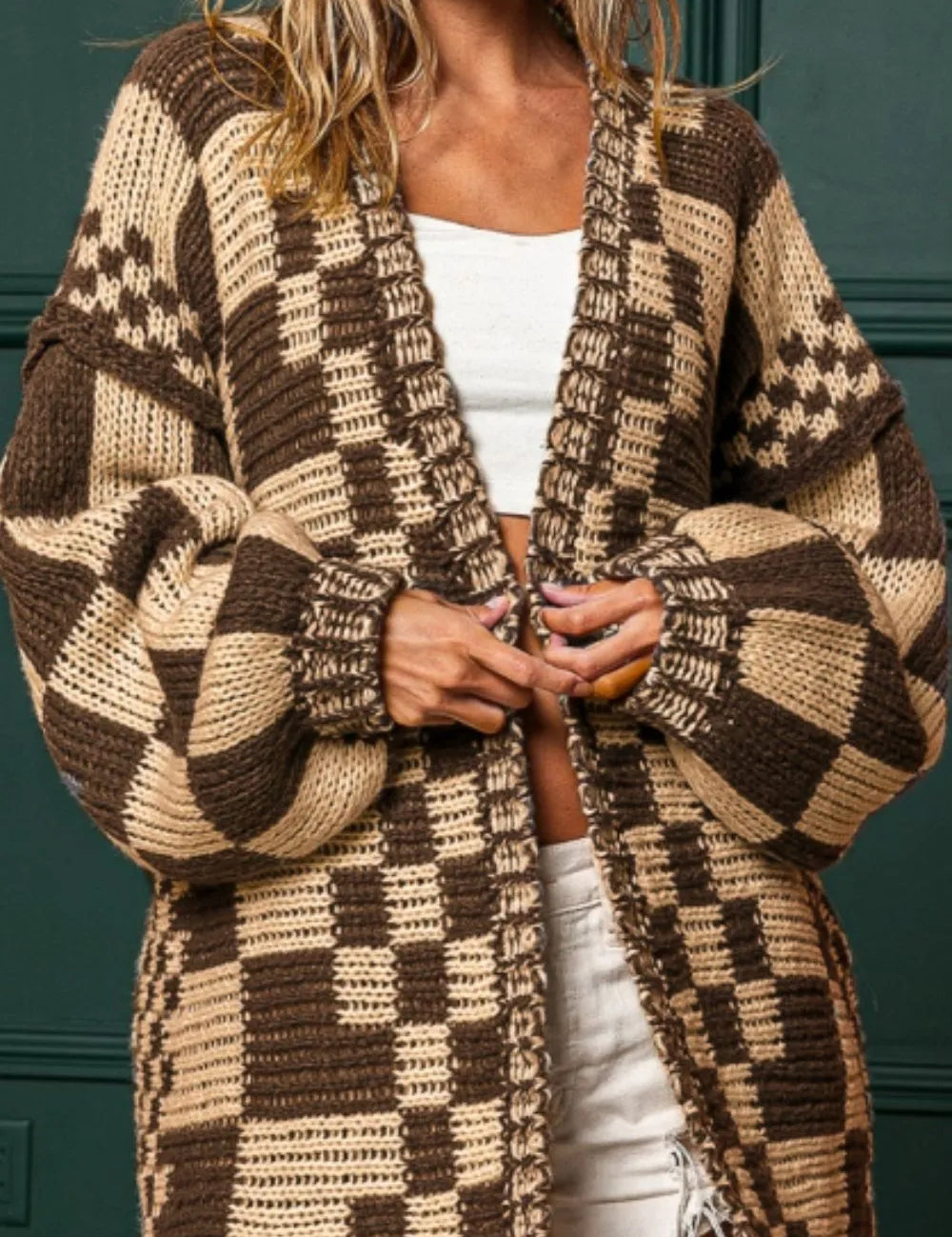 Tan Checkered Open Front Long Sleeve Cardigan | Cardigans Daverri Fashions