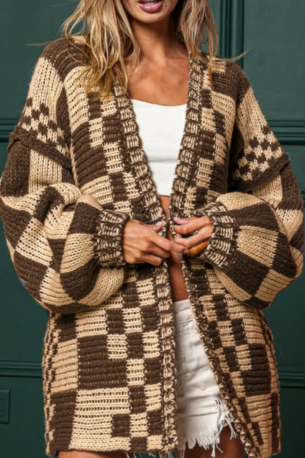 Tan Checkered Open Front Long Sleeve Cardigan | Cardigans Daverri Fashions