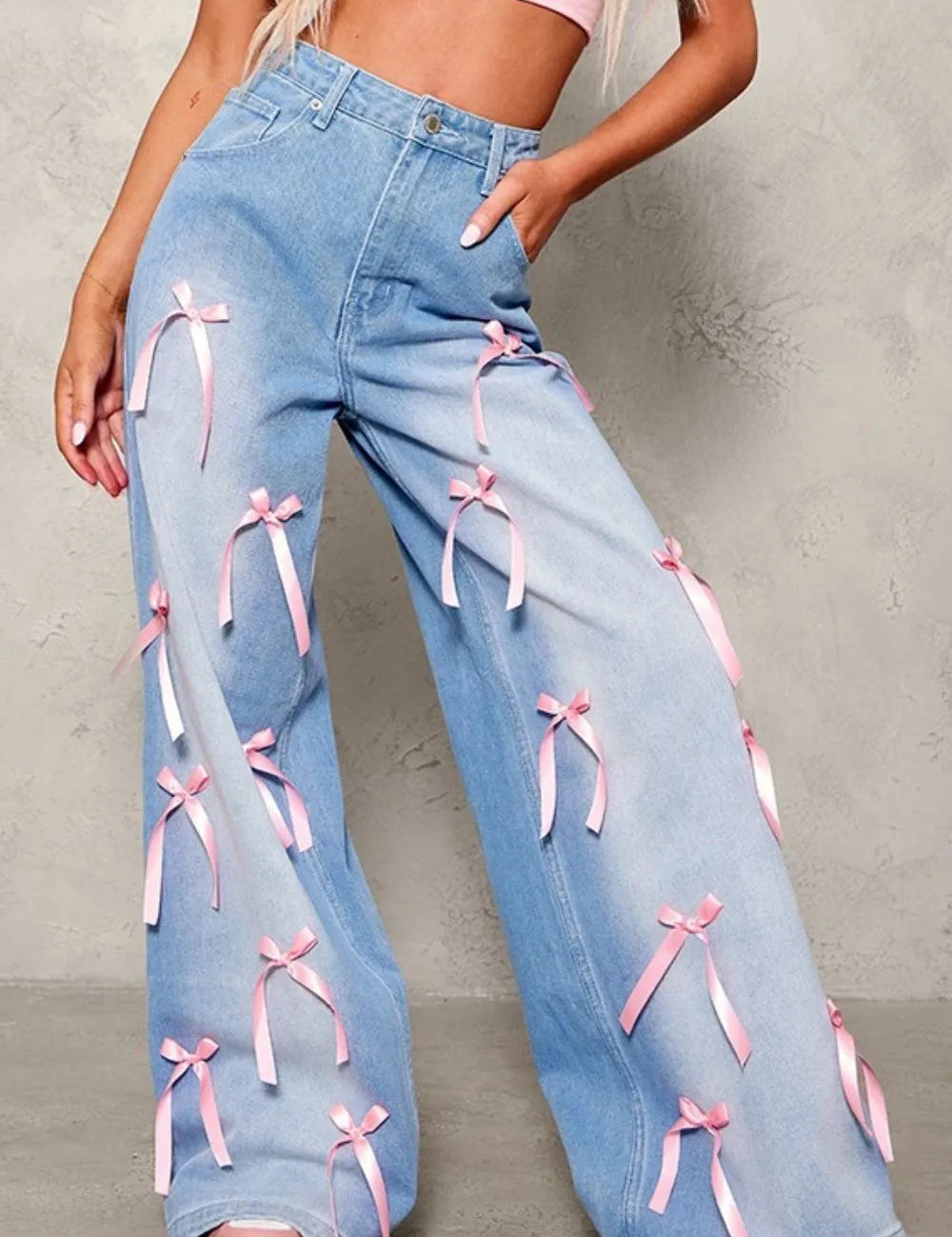 Medium Bow Decorated Wide Leg Denim Jeans | Jeans Daverri Fashions