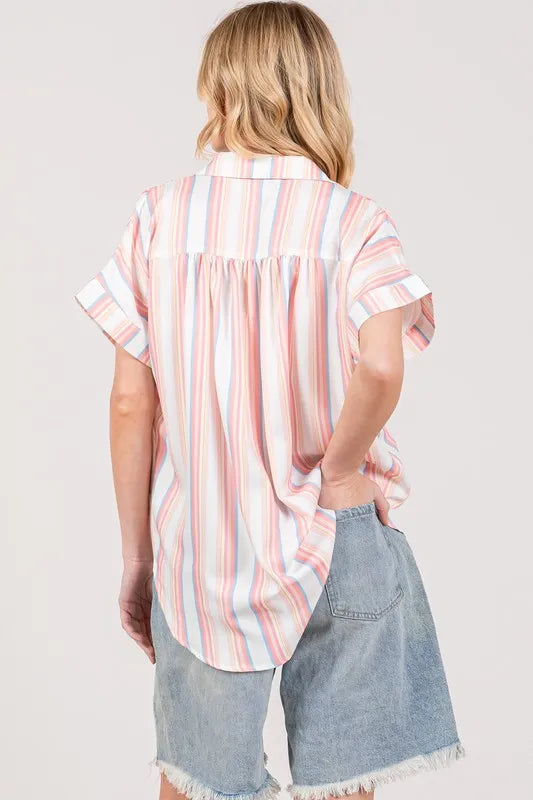 SAGE+FIG Multi Stripe Button Down Short Sleeve Shirt | Daverri Fashions