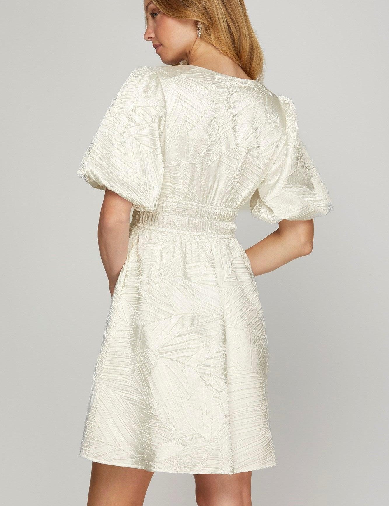 She + Sky Crinkle Woven V-Neck Balloon Sleeve Mini Dress | Mini Dresses Daverri Fashions
