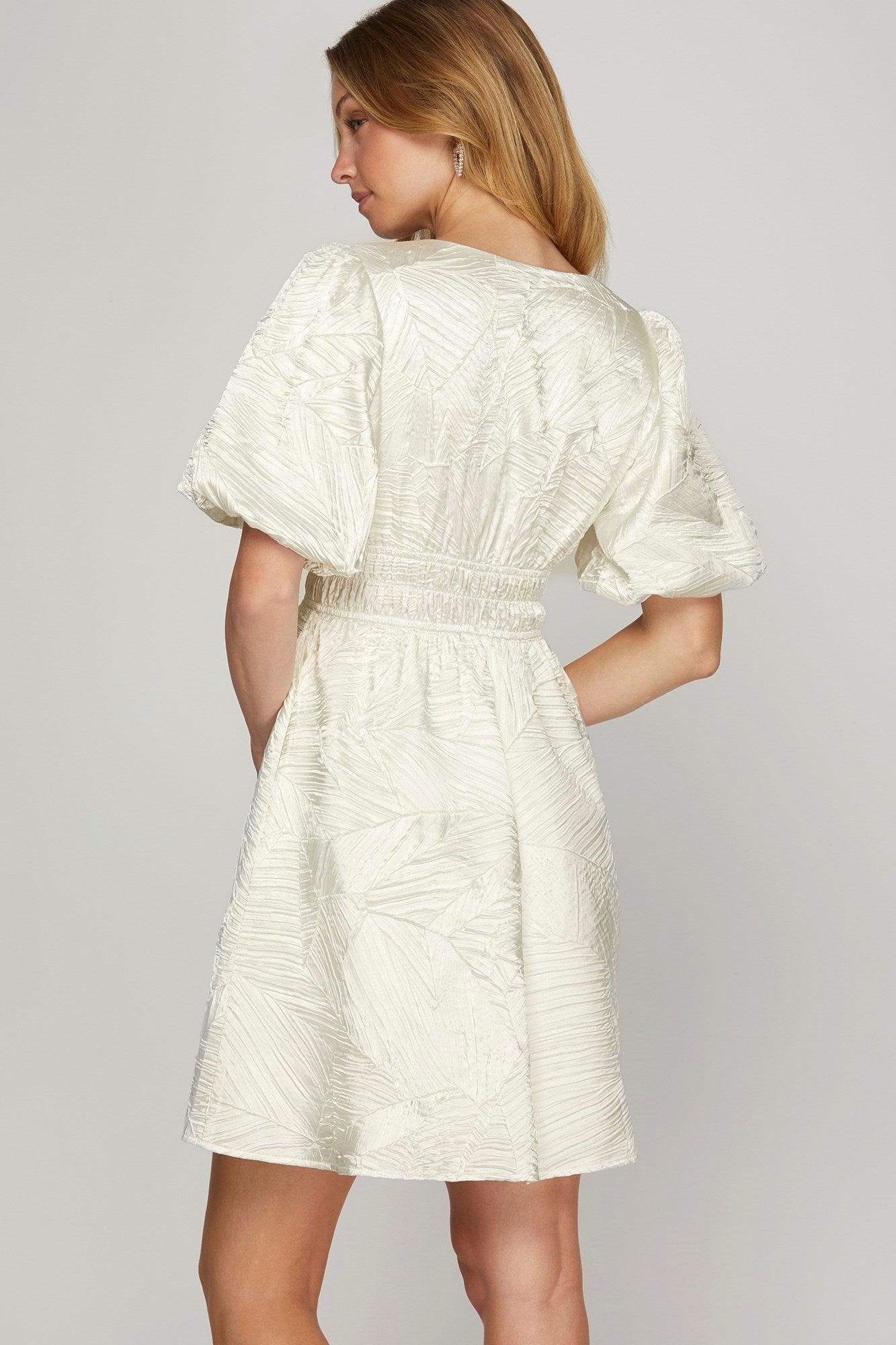 She + Sky Crinkle Woven V-Neck Balloon Sleeve Mini Dress | Mini Dresses Daverri Fashions