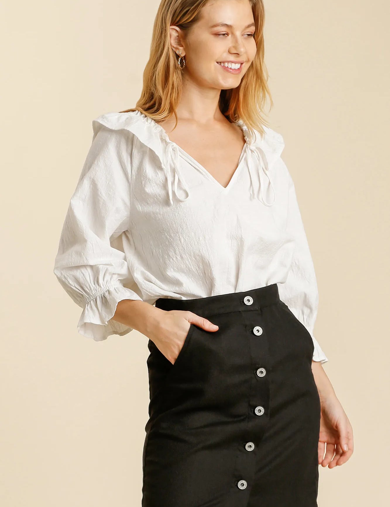 Black Umgee Linen Blend Button Down Skirt with Pockets | Skirts Daverri Fashions