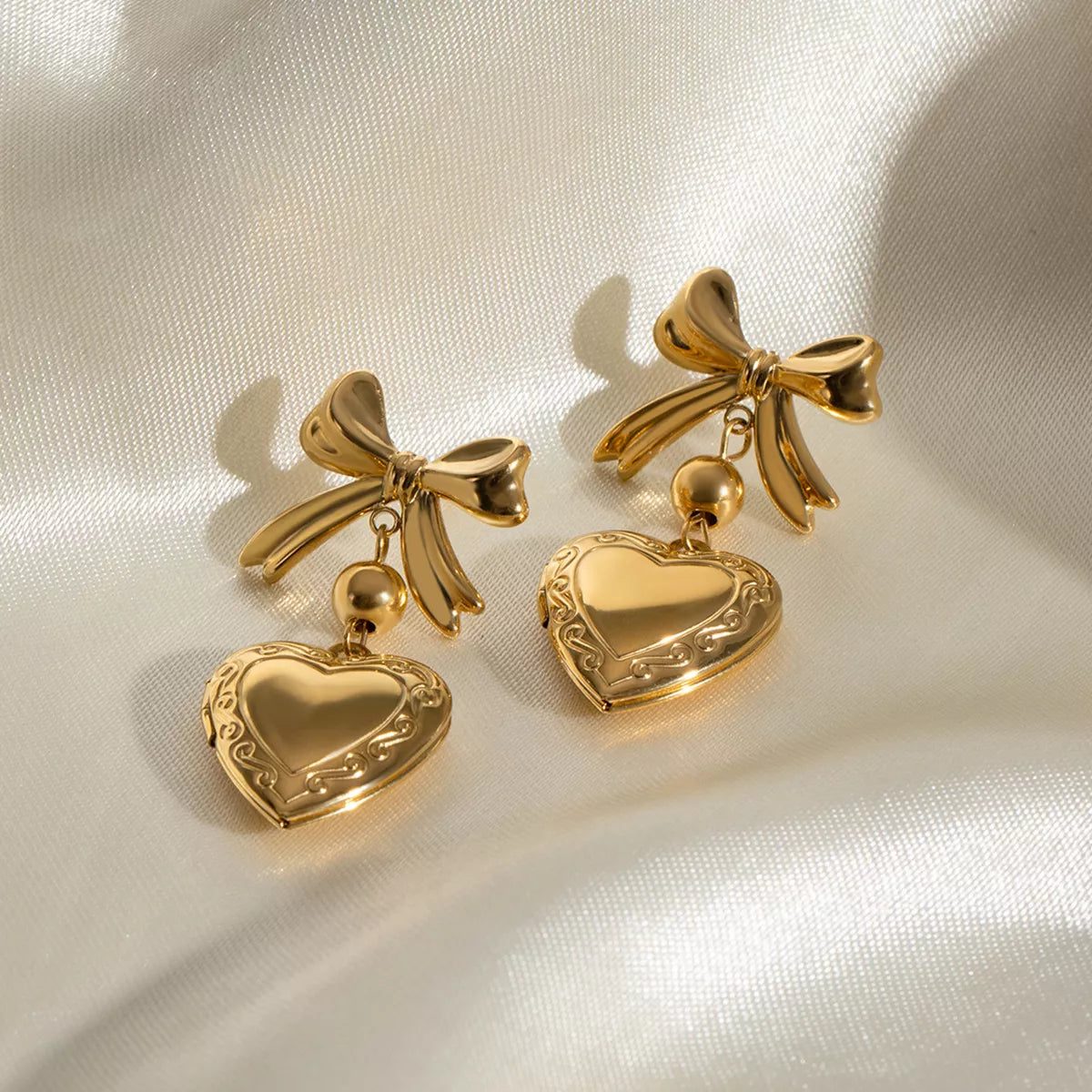 Gold One Size 18K Gold-Plated Bow Heart Drop Locket Earrings | Earrings Daverri Fashions