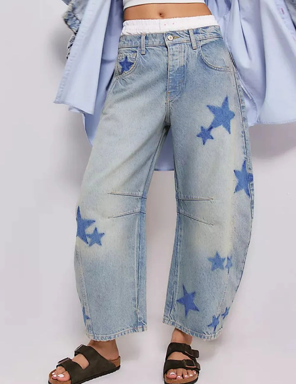 Light Contrast Star Wide Leg Jeans | Jeans Daverri Fashions