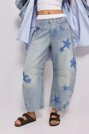 Light Contrast Star Wide Leg Jeans | Jeans Daverri Fashions