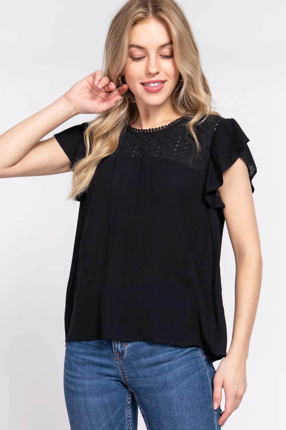 Black S ACTIVE BASIC Ruffle Short Sleeve Crochet Blouse | Daverri Fashions