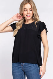 Black S ACTIVE BASIC Ruffle Short Sleeve Crochet Blouse | Daverri Fashions