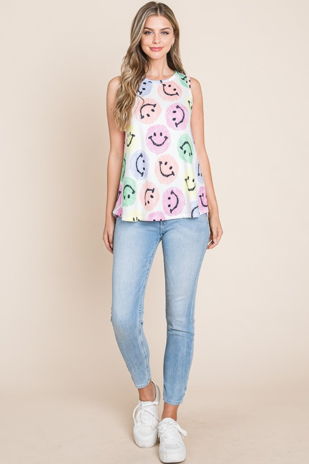 BOMBOM Smiley Face Round Neck Tank | Daverri Fashions