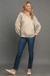 Umgee Wrinkled Round Neck Lantern Sleeve Blouse | Daverri Fashions