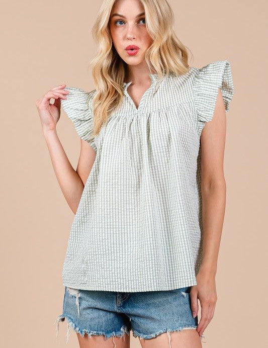 Ces Femme Plaid Notched Ruffled Cap Sleeve Blouse | Blouses Daverri Fashions
