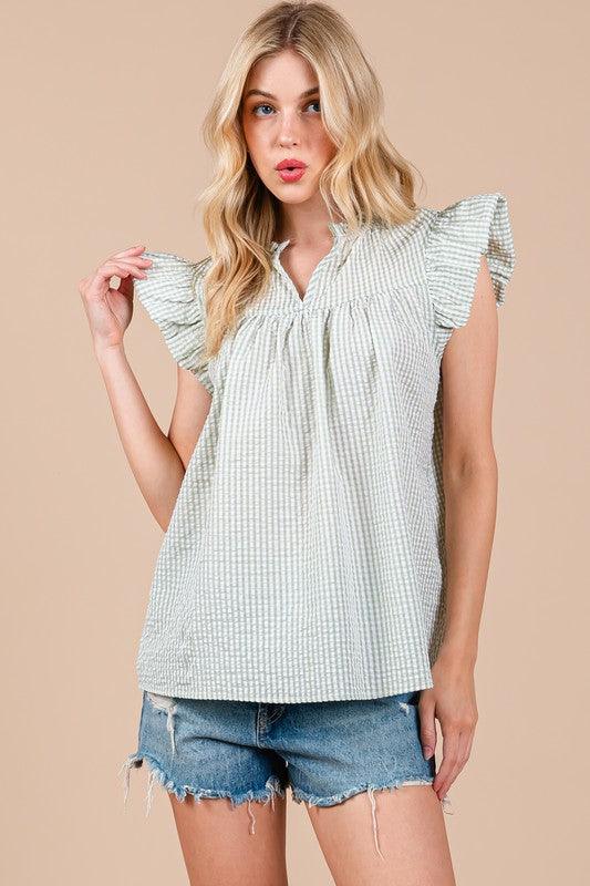 Ces Femme Plaid Notched Ruffled Cap Sleeve Blouse | Blouses Daverri Fashions