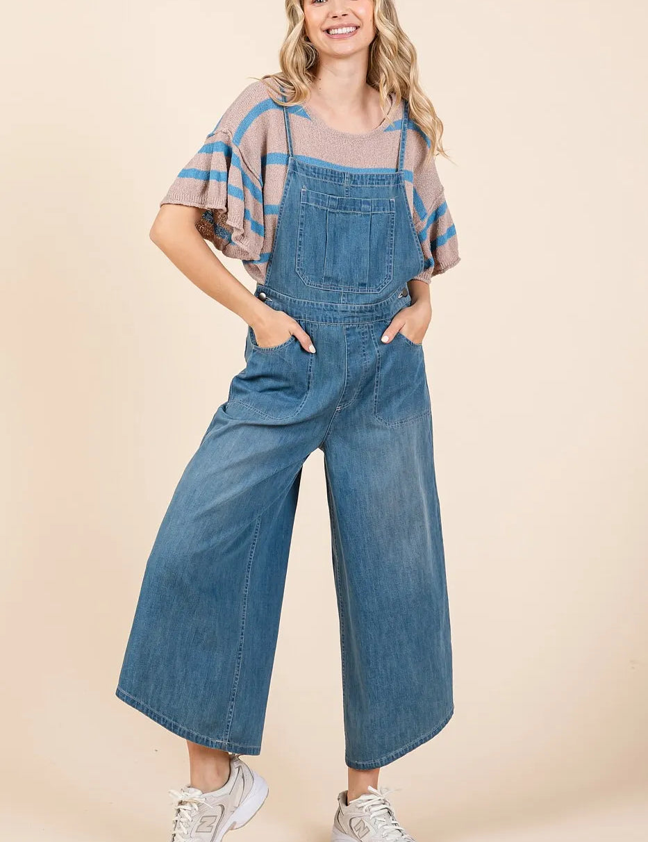 Mittoshop Denim Tie Back Sleeveless Wide Leg Overalls | Overalls Daverri Fashions