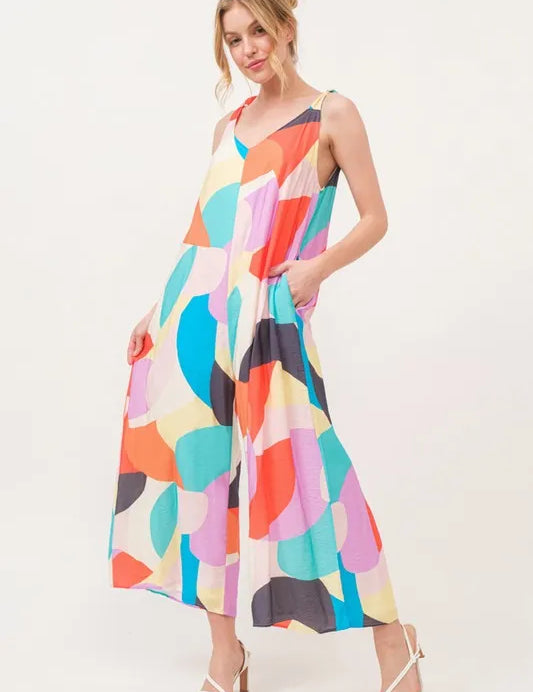 YELLOW MULTI And The Why Tied Shoulder Straps Wide-Leg Geo Print Jumpsuit | Jumpsuits Daverri Fashions