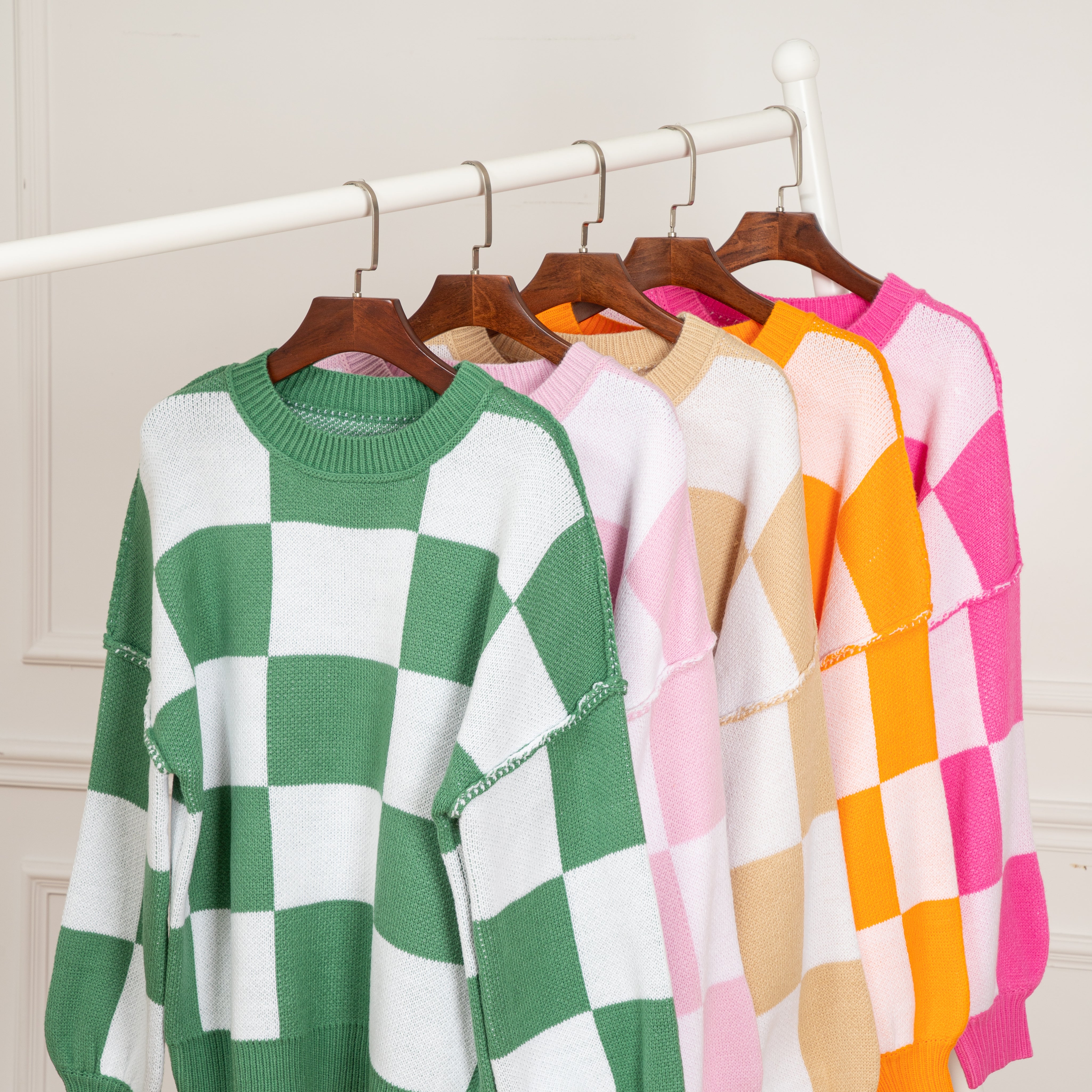 Checkered Bishop Sleeve Sweater | Sweaters Daverri Fashions