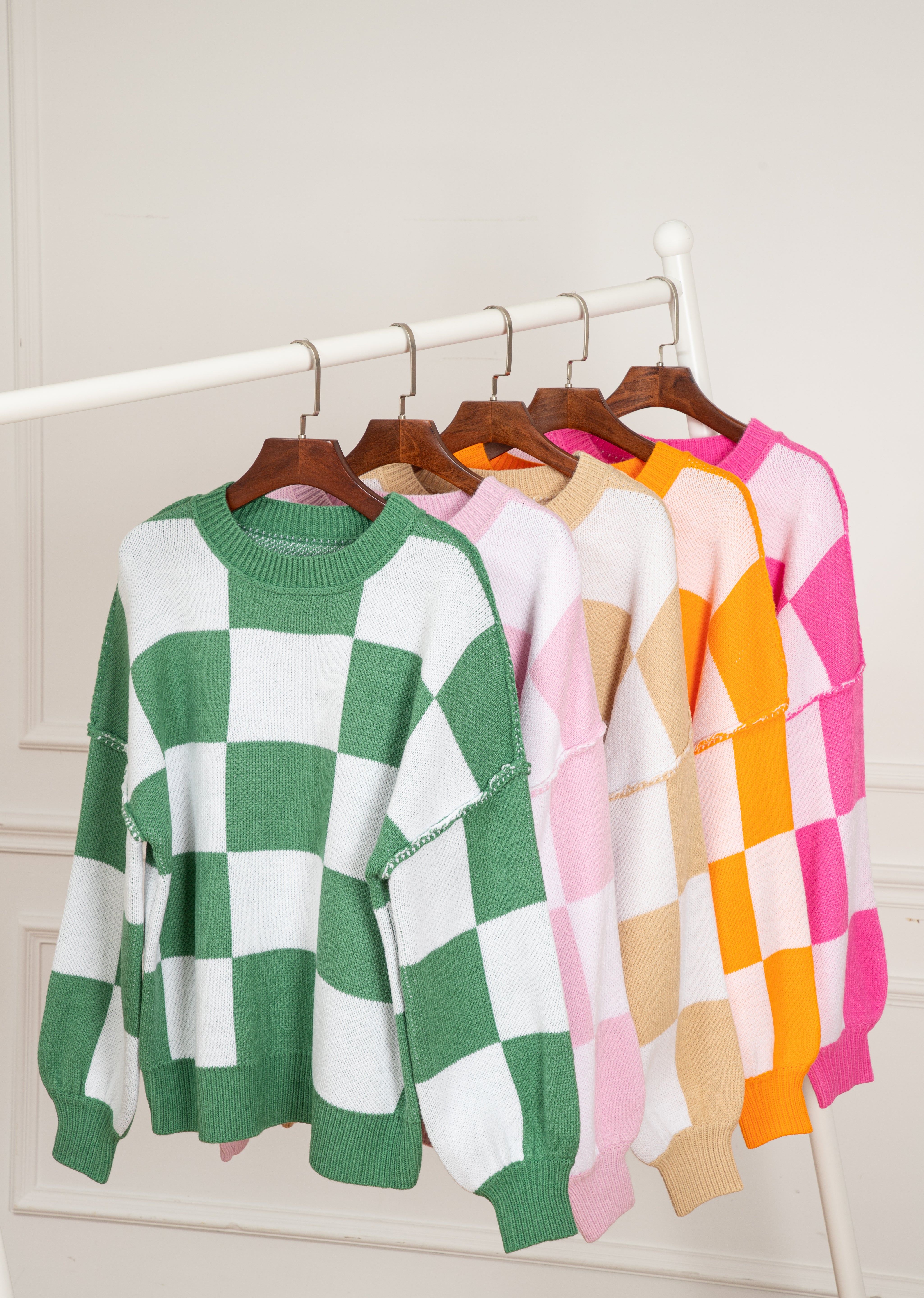 Checkered Bishop Sleeve Sweater | Sweaters Daverri Fashions