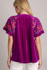 Umgee Full Size Velvet Embroidery Short Sleeve Blouse | Blouses Daverri Fashions